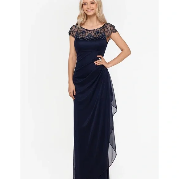 XSCAPE NWT Beaded Cap Sleeve Round Neck Ruched Cascade Ruffle Side Gown (PLUM) - Picture 11 of 12